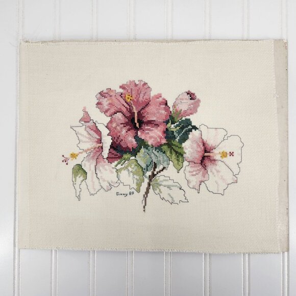 Vintage Floral Cross Stitch Art Signed 1989 Pink Off White Hibiscus Unframed - Picture 2 of 9